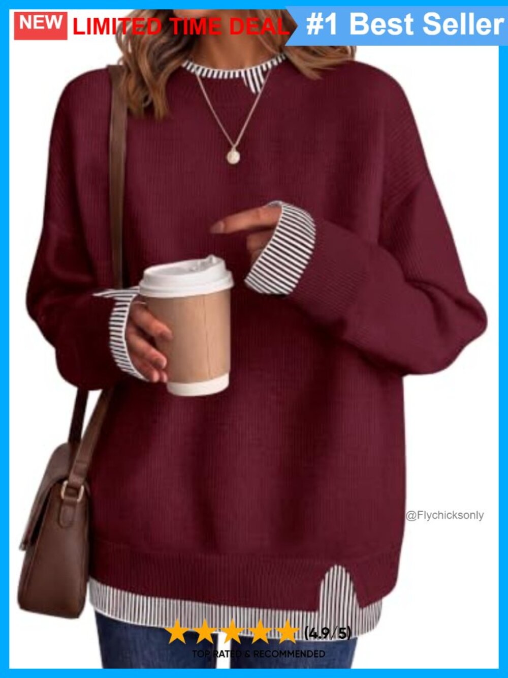 Soft Ribbed Knit Crewneck Pullover Sweater Faux Layered Casual Fall Winter